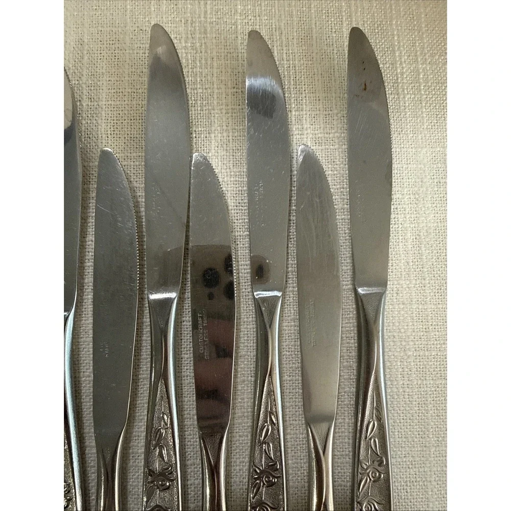 10 Customcraft CUS1 Stainless Textured Floral Rose Dinner Knife‎ Flatware 8 1/8